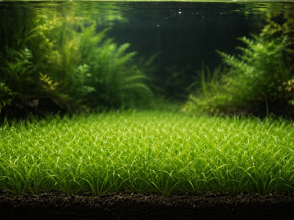 Front view of a planted aquarium with a dense, lush cow grass carpet in the foreground.