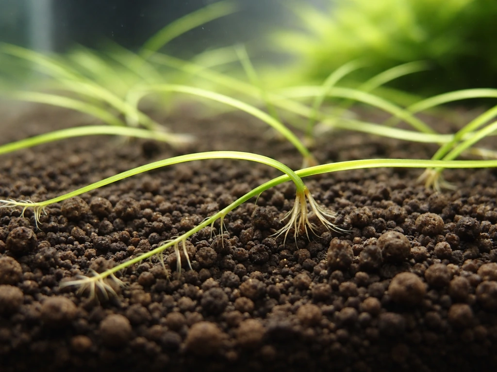 Macro view of cow grass runners dipping into nutrient-rich substrate and forming roots.