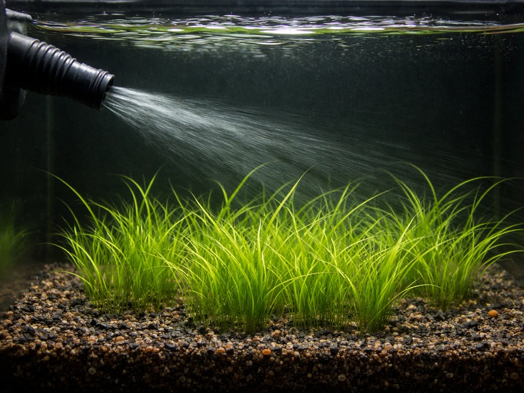 Aquarium return nozzle aimed to create gentle circulation around newly planted aquatic grass.