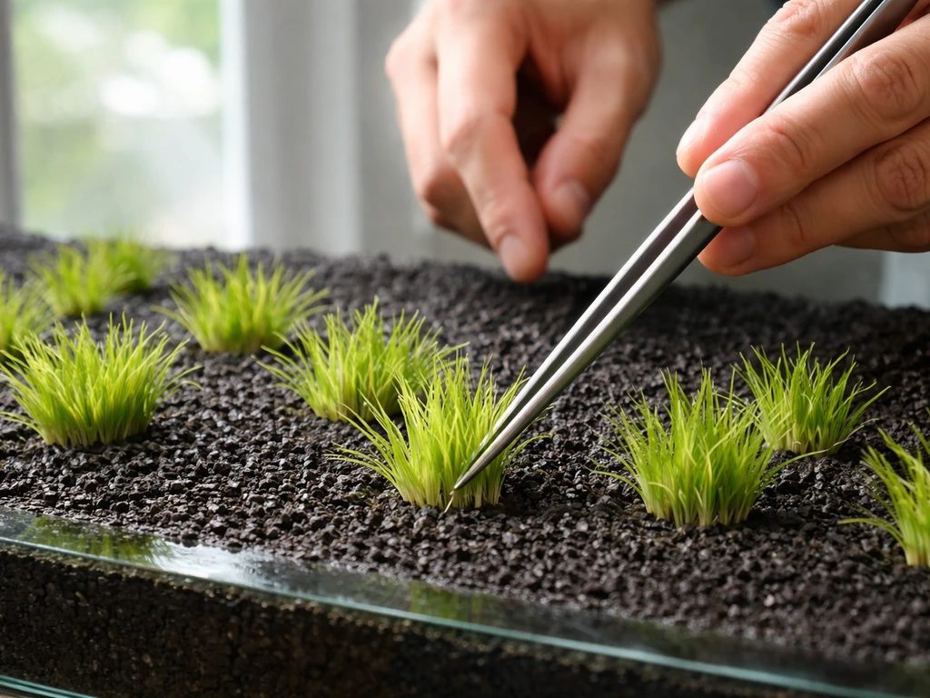 Close-up of hands anchoring rinsed cow grass pieces into gaps in an aquarium substrate.