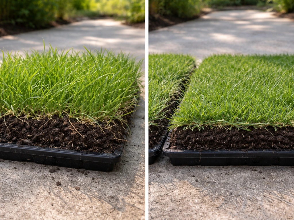 Close-up of young grass: left blades lift upward, right plugs stay anchored and lie flat.