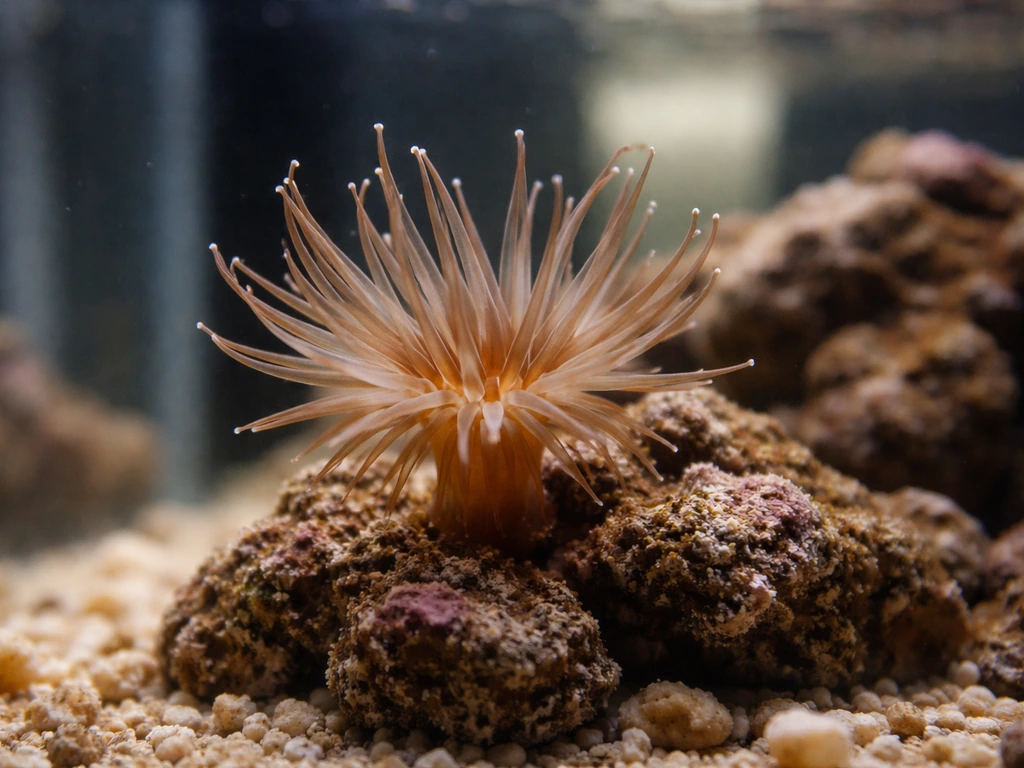 Brown glass anemone fully extended on live rock in a small aquarium culture tank.