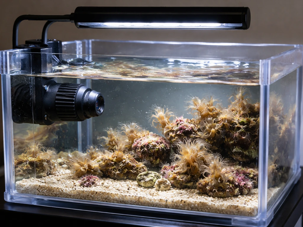 Close-up of a small aquarium setup with water, gentle powerhead, and an overhead aquarium light