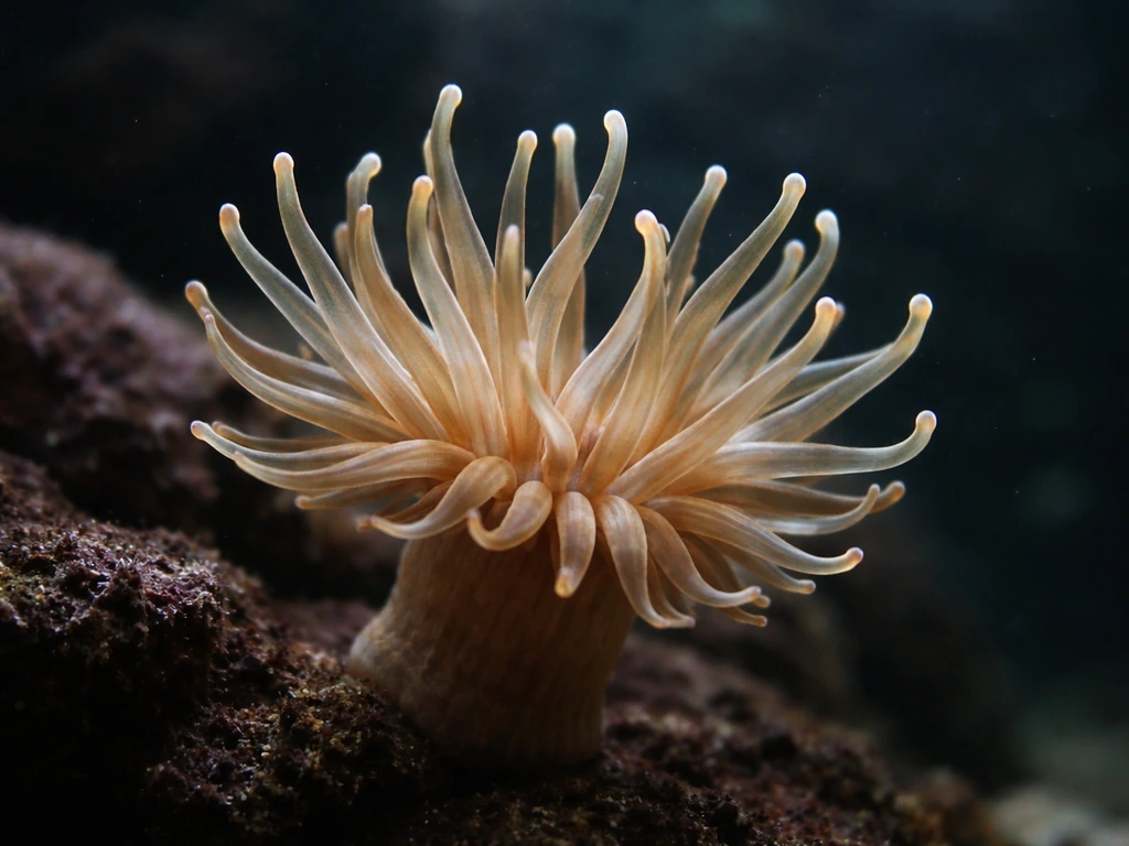 Aiptasia anemone tentacles expanded under aquarium light in a calm home tank.