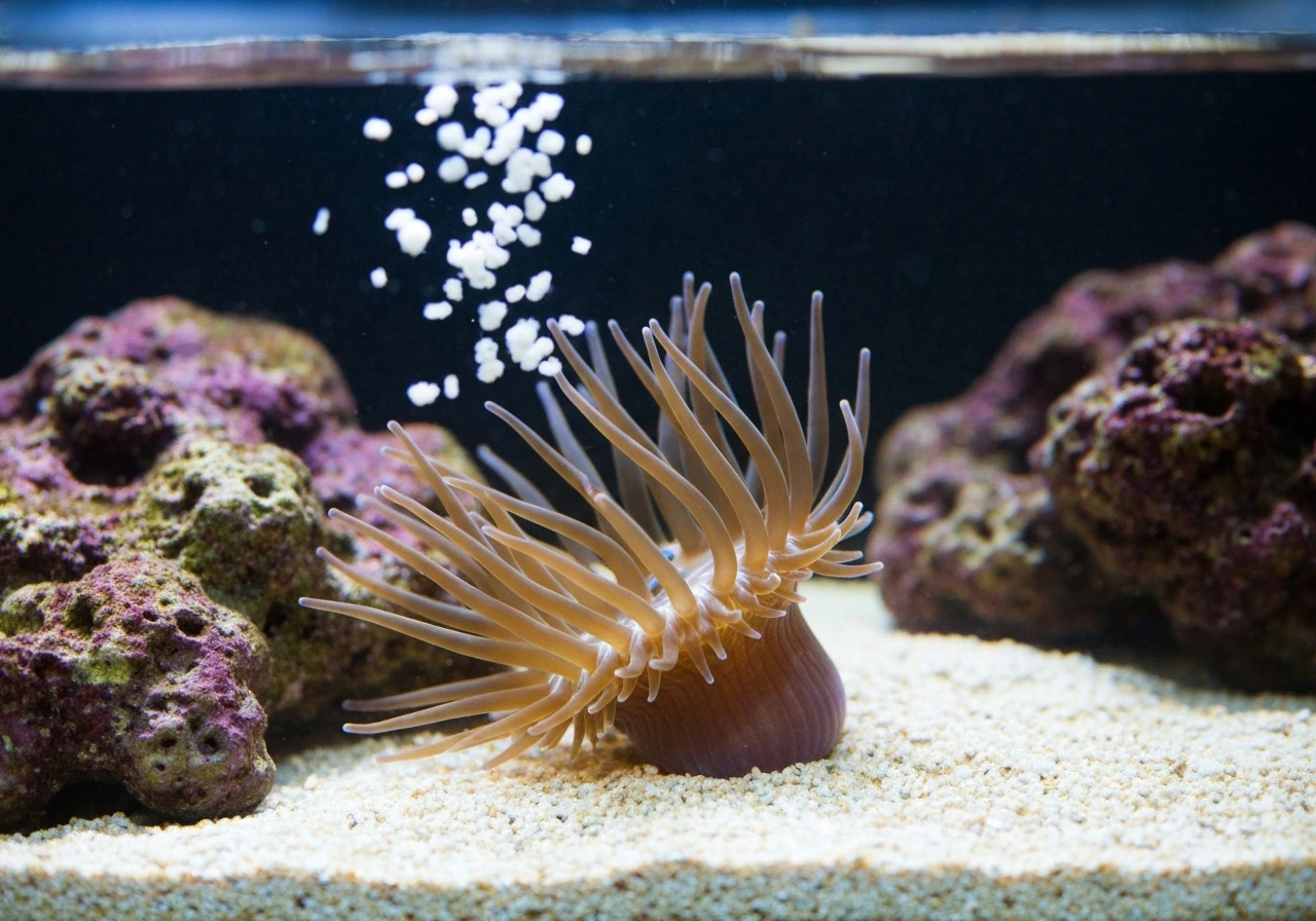 Close-up of an aiptasia anemone with fully extended tentacles capturing drifting mysis-like food.