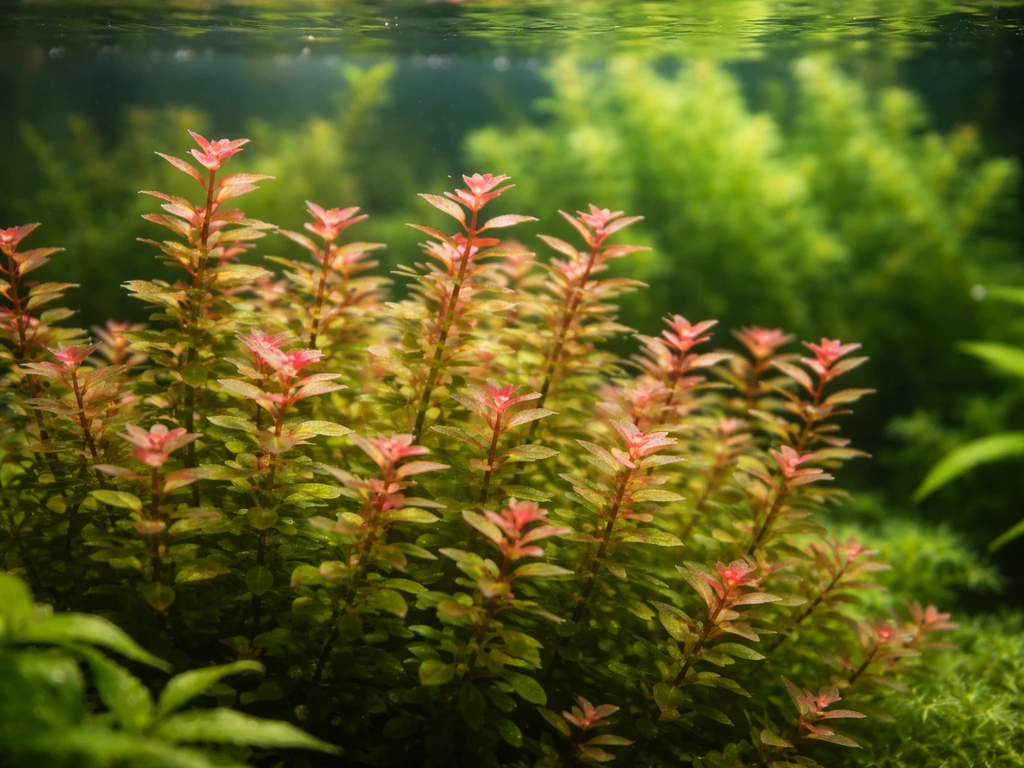 Thriving Rotala rotundifolia in a planted aquarium, dense stems with pink-red tips.
