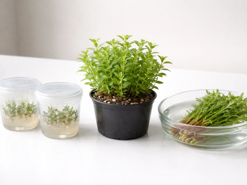 Three aquarium plants in different forms: tissue culture cups, an emersed potted Rotala, and loose submerged stems.