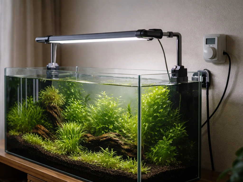 Aquarium with an LED light bar over it and a visible timer plug, implying controlled photoperiod.