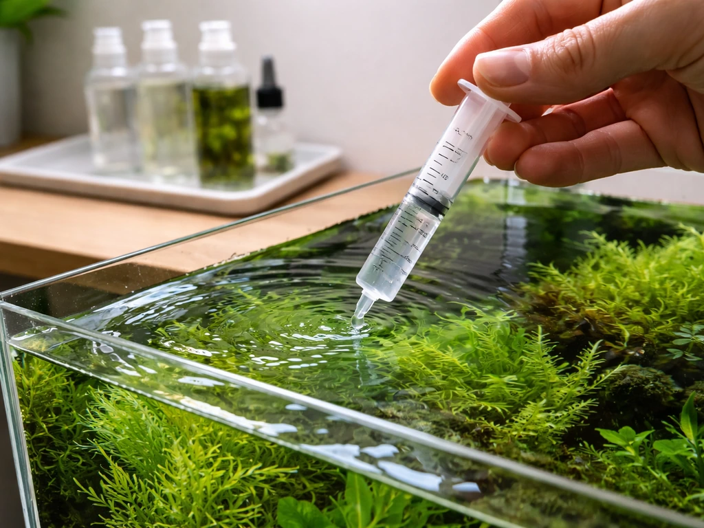 Hand adds liquid fertilizer to a planted aquarium using a syringe above the water surface.