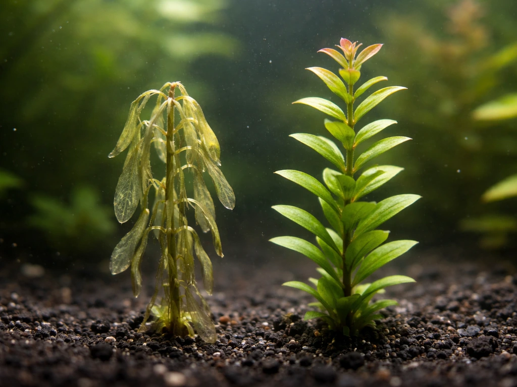 Aquarium Rotala with drooping translucent leaves beside a nearby healthy upright section ready to replant