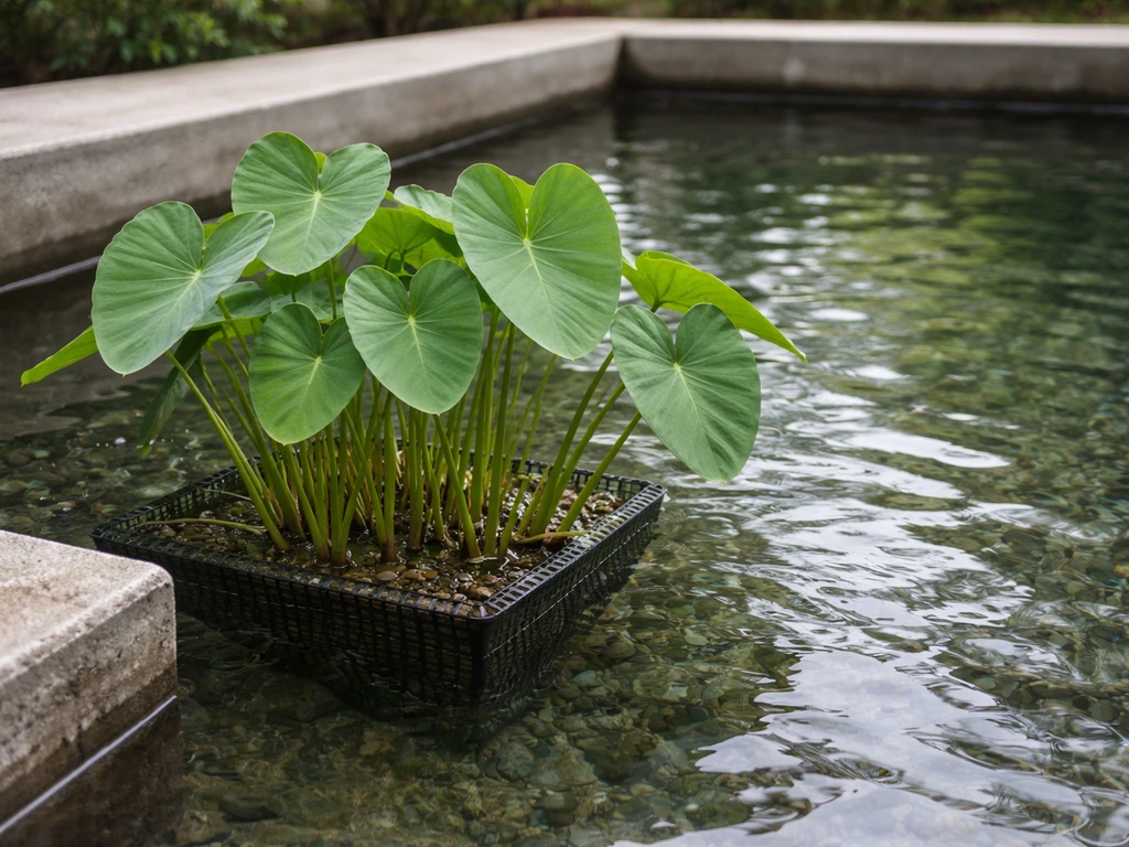 Broad-leaf taro plants growing in shallow pond-edge baskets along a backyard concrete pond