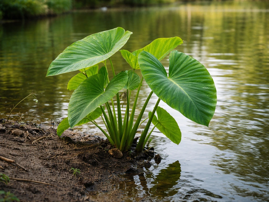 Pond edge with lush water taro (Colocasia esculenta) growing from wet soil near calm water