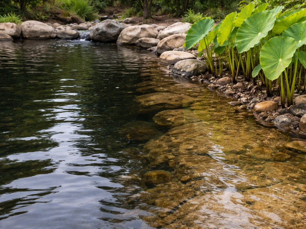 Shallow pond edge with taro-like plants on the right contrasted against deeper center water on the left.