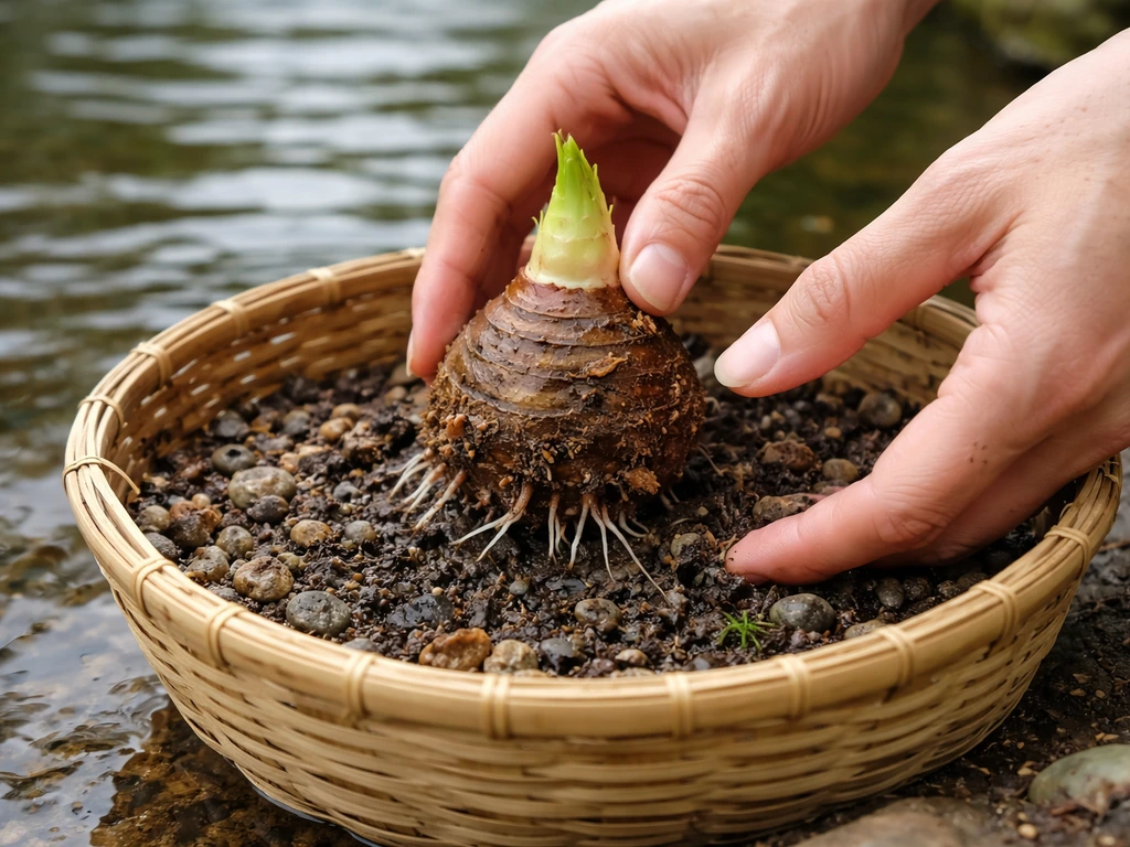 Hands placing a taro corm division into a woven basket in shallow pond water to root.