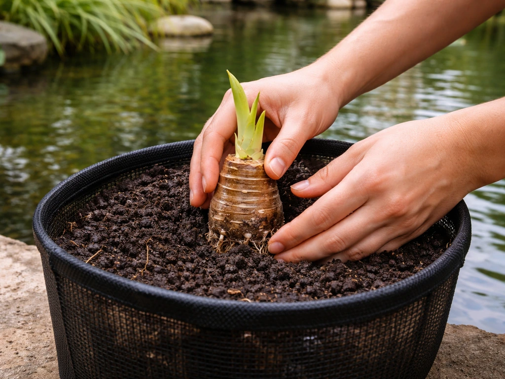 Hands place a taro corm in a mesh pond basket with aquatic soil, showing correct crown positioning.