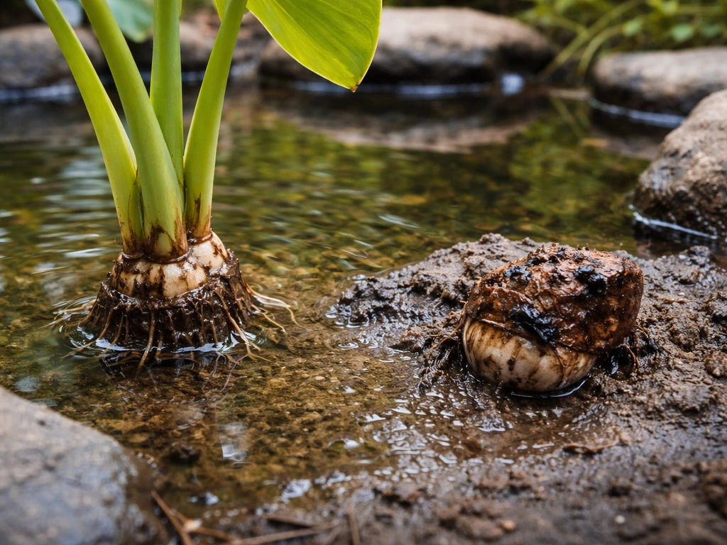 Close-up of pond taro corm crown positioned at correct water depth with visible rot and lifted corm for fixing