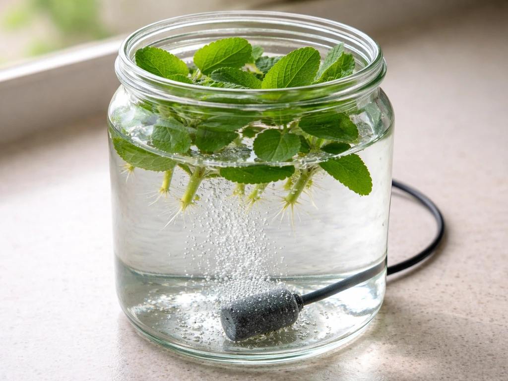 Panikoorka cuttings with fresh green leaves in a clear DWC jar, bubbling air stone in clean water.