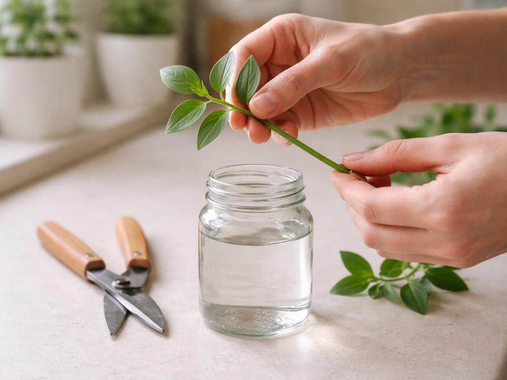 Hands preparing a non-flowering stem cutting and placing it into a clear jar of water for propagation
