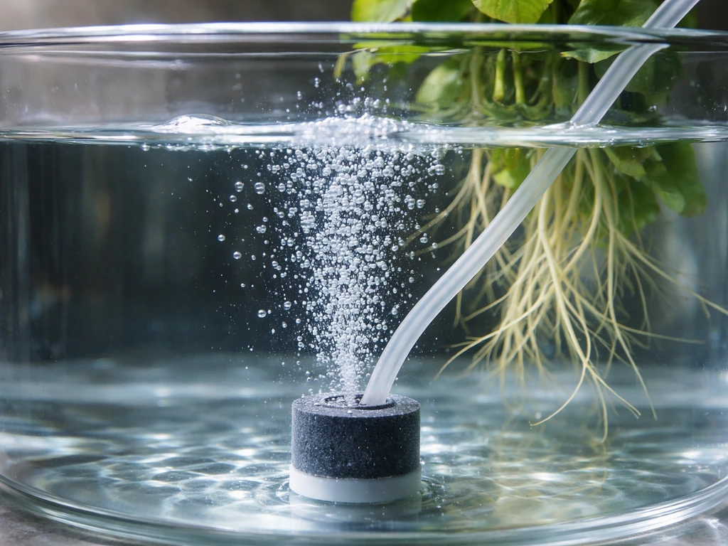 Close-up of an airstone bubbling oxygenated water around healthy panikoorka roots in a reservoir.