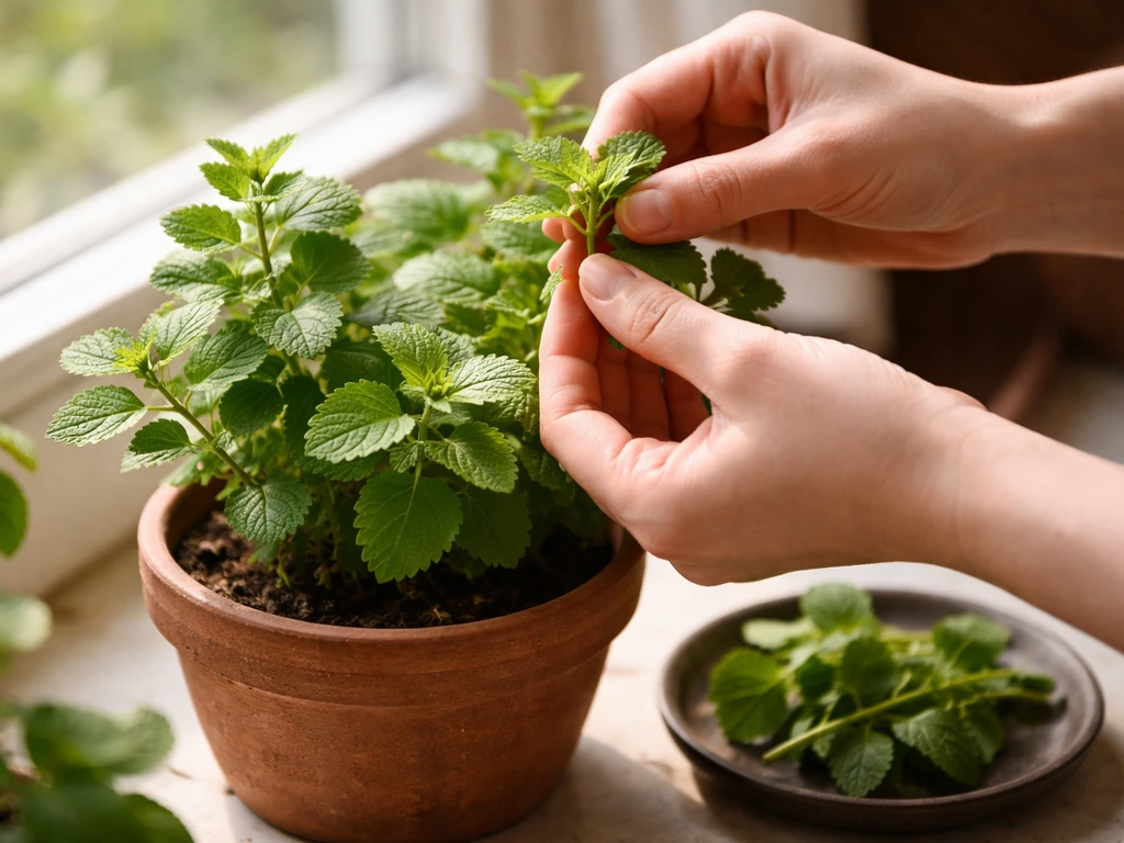 Hands gently picking tender panikoorka leaves from a potted herb, showing foliage left for regrowth.
