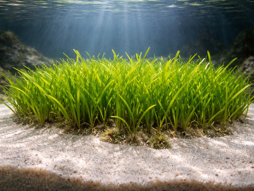 Thriving rooted seagrass forming a lush carpet in a well-lit home aquarium