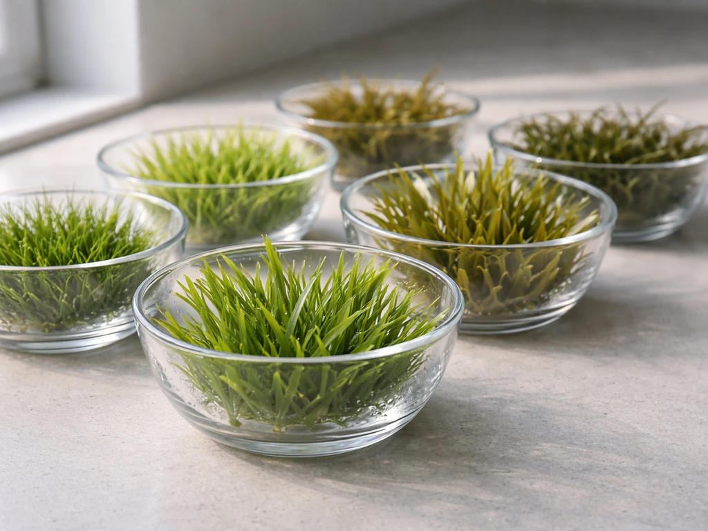 Assorted aquarium seagrass bunches in small glass bowls on a clean surface for comparison.