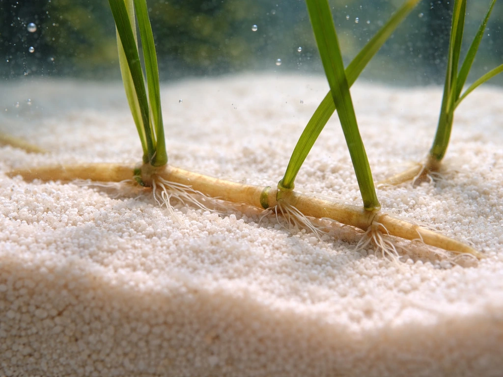 Close-up underwater view of seagrass rhizomes in fine aragonite sand with gentle current shimmer near blades.