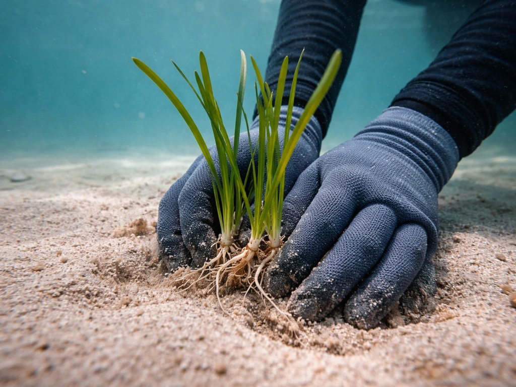 Gloved hands anchoring healthy seagrass shoots with rhizomes into sandy substrate to encourage rooting
