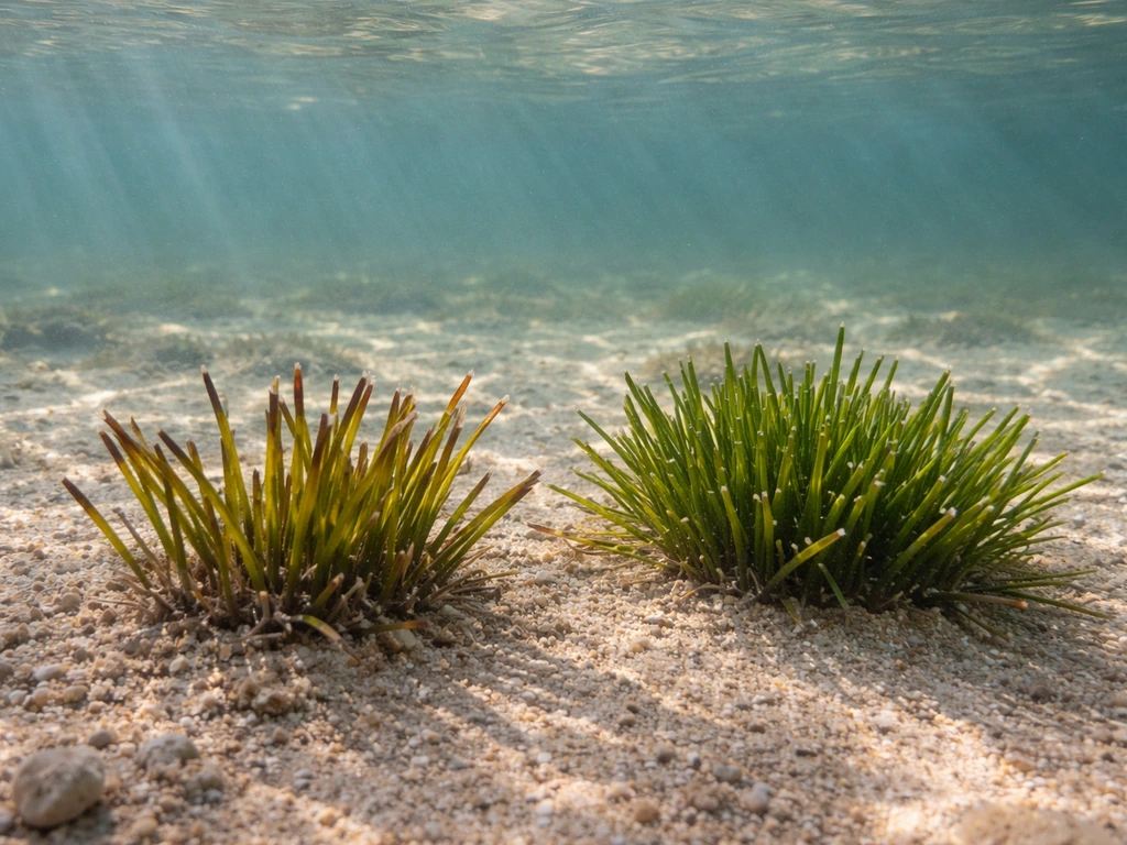 Two seagrass clumps in clear shallow water, one browning at leaf tips and one healthier nearby.