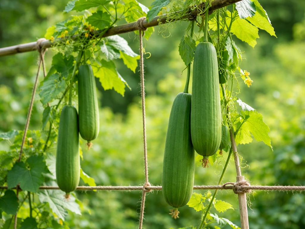Loofah vine on a trellis with small developing gourds in a sunlit garden