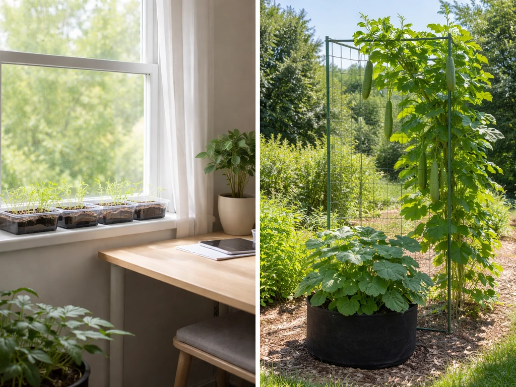 Indoor seed trays beside an outdoor loofah trellis showing limited vs vertical climbing space.