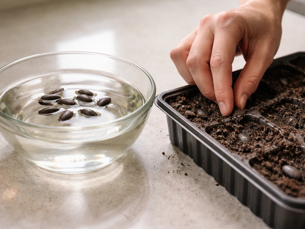 Loofah seeds soaking in warm water, then a few seeds placed into seed-starting medium.