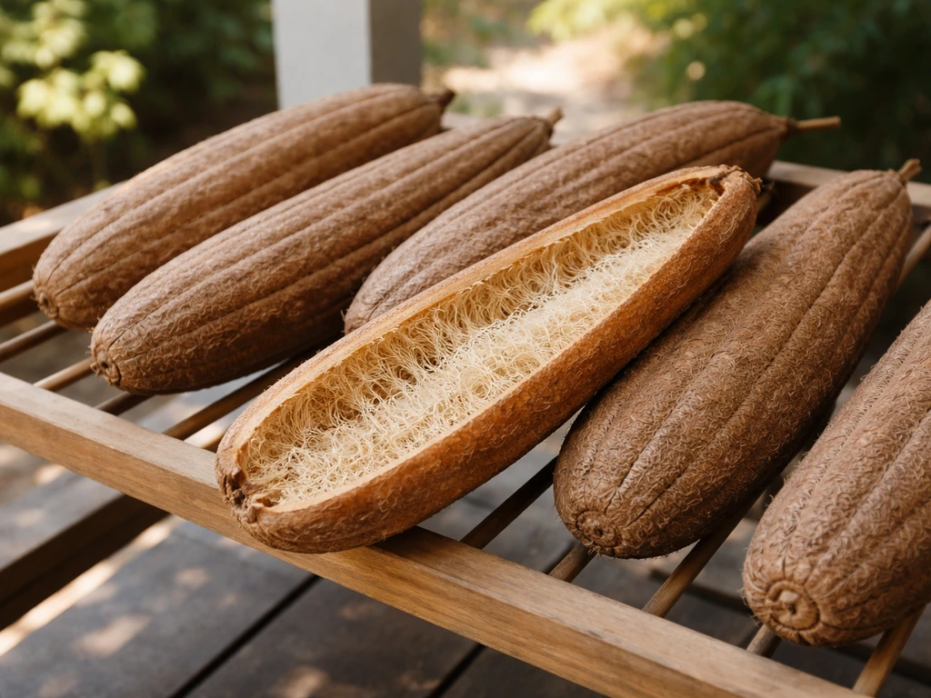 Fully brown loofah gourds drying on a clean rack, with one cut open to show sponge fiber inside