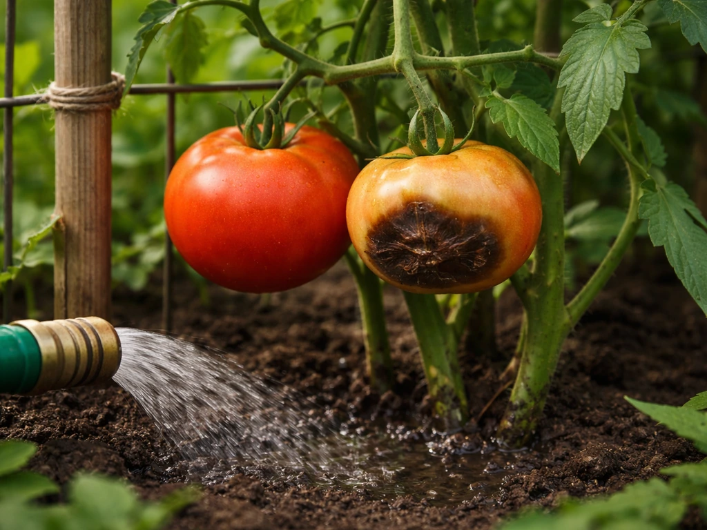 Close-up of a trellised tomato plant showing healthy fruit beside blossom-end rot while only the soil is watered.