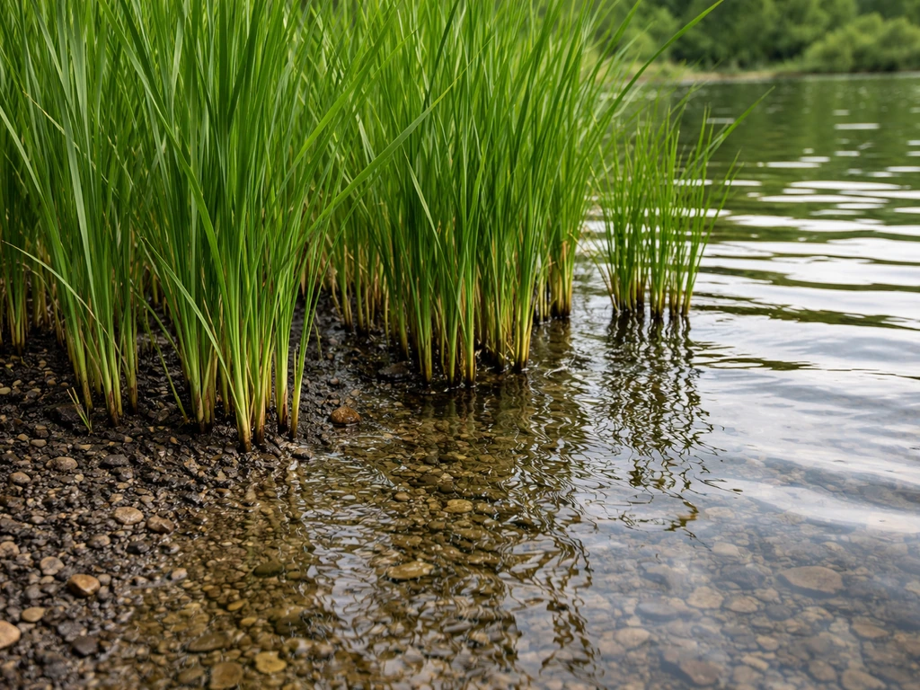 Healthy reed clumps growing in shallow pond water at the land-water edge.