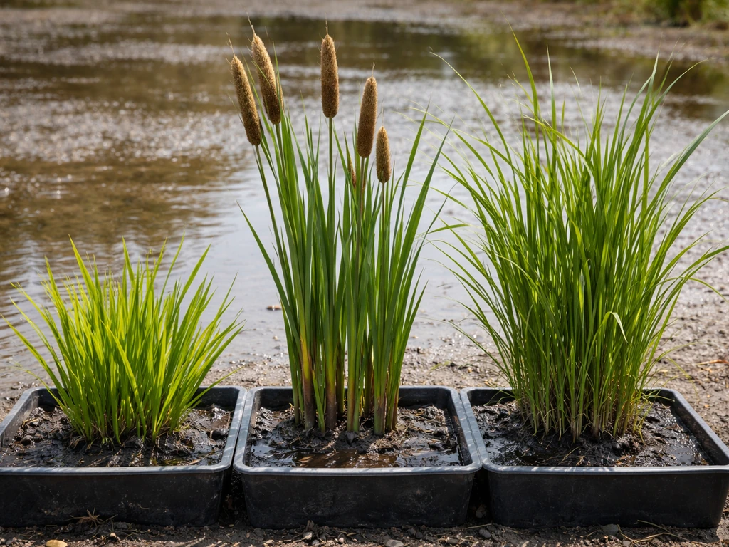 Three distinct wetland reed plants grown in separate containers, showing different heights and leaf forms.