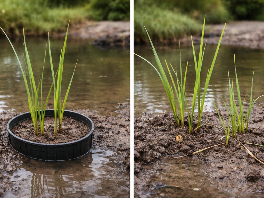 Split garden bed showing a restricted planting basket on one side and unrestricted in-ground spread on the other.
