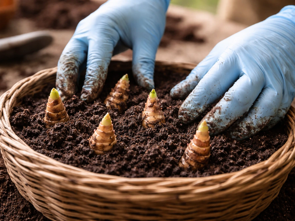Close-up of gloved hands placing wet rhizome sections into a planting basket substrate with shoots facing up.