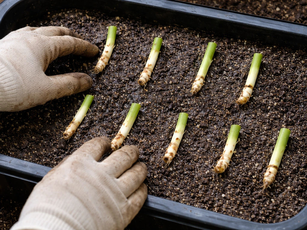 Overhead view of gloved hands placing evenly spaced reed rhizomes into moist loam-and-sand soil.