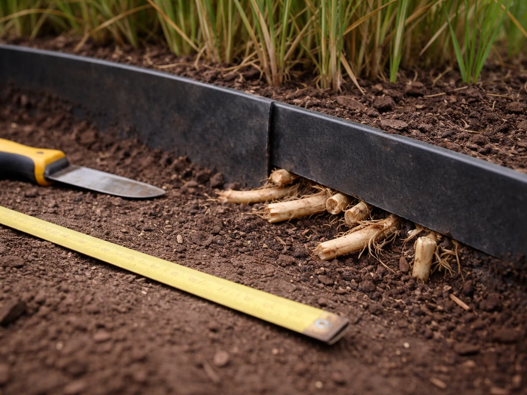Ground-level view of a container edge and root barrier with trimmed rhizomes contained.