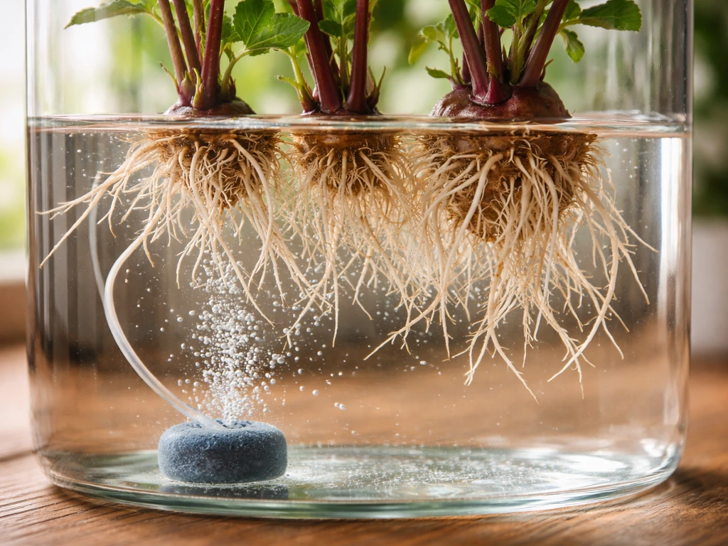 Close-up of kumara slips rooting in clear water with visible roots and small aeration setup.