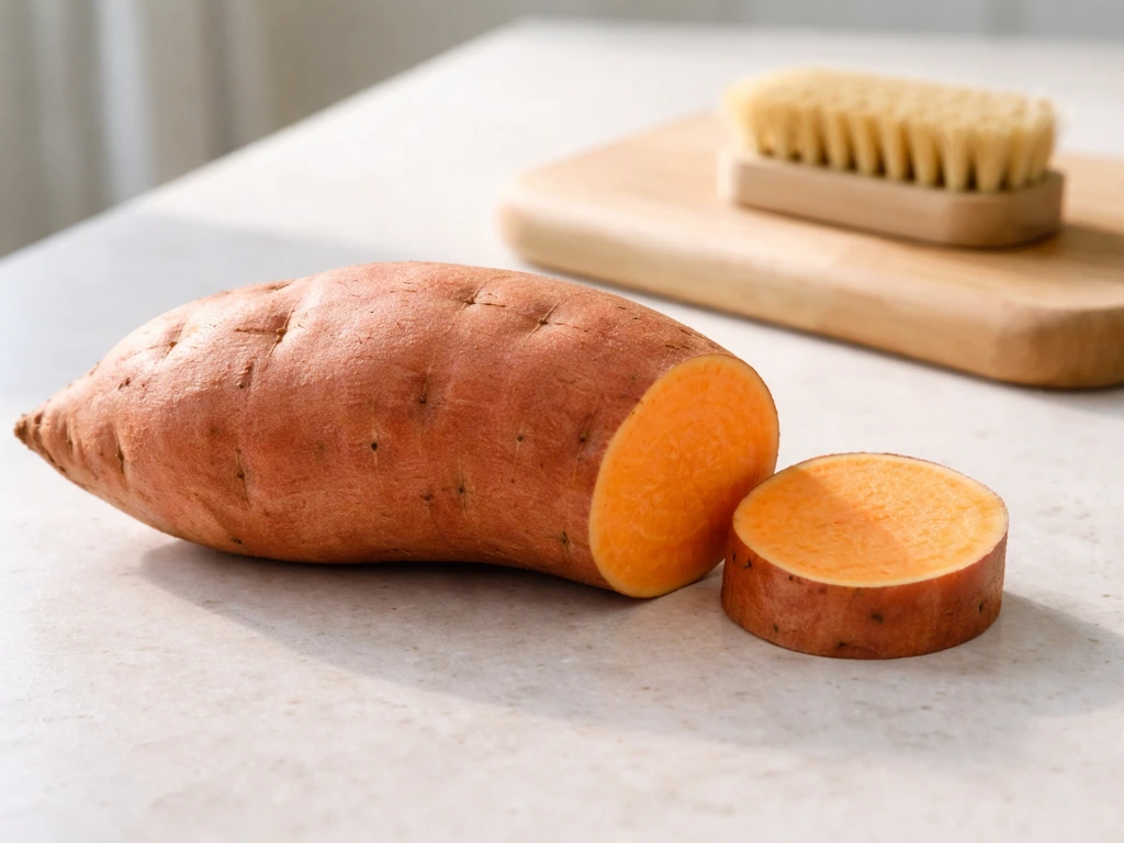 Healthy kumara tuber on a clean bench, with a cut surface and scrubbed preparation for sprouting.