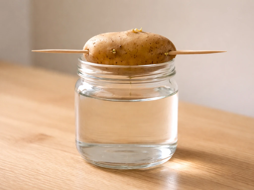 A tuber supported on toothpicks across a jar rim with the lower end dipping into water