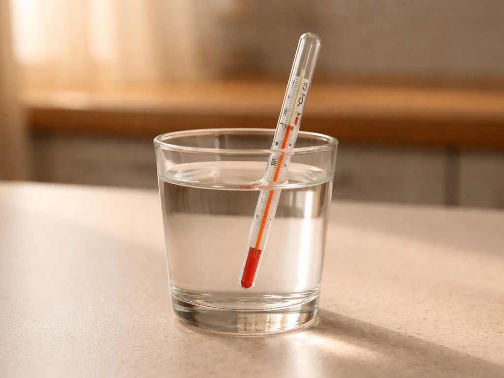 Warm water in a small container with a simple thermometer showing the ideal 24–28°C range for sprouting.
