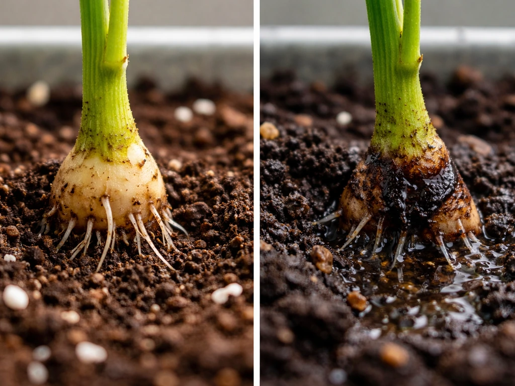 Split view of a healthy slip base with roots vs a tuber/slip base rotted and dark in wet soil.