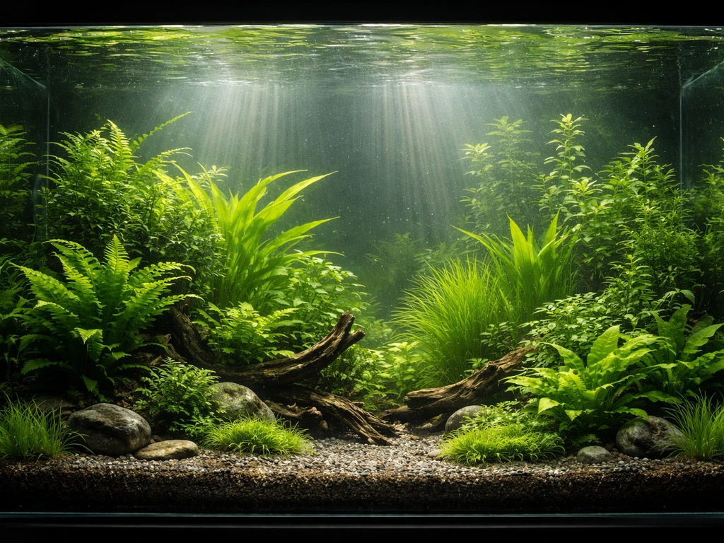 Lush tropical aquarium plants in a planted tank with warm light, visible substrate, and hardscape.