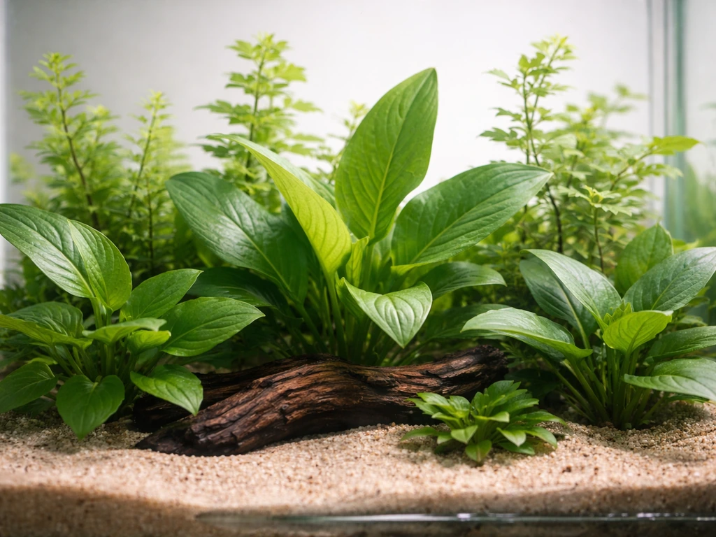 Assorted beginner-friendly tropical aquarium plants resting in a simple tank setup under soft natural light.