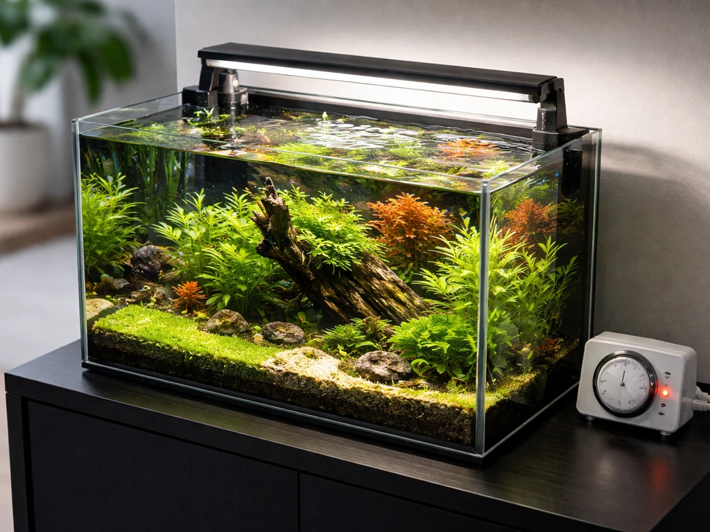 LED light over a planted tropical aquarium with a visible photoperiod timer control nearby.