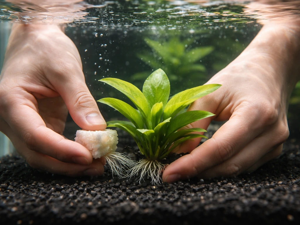 Hands planting submerged stems and rosette plants into an aquarium substrate after removing rockwool
