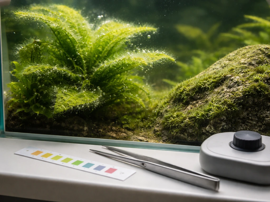 Close-up of green algae coating aquarium leaves and rocks, with testing strip and care tools nearby